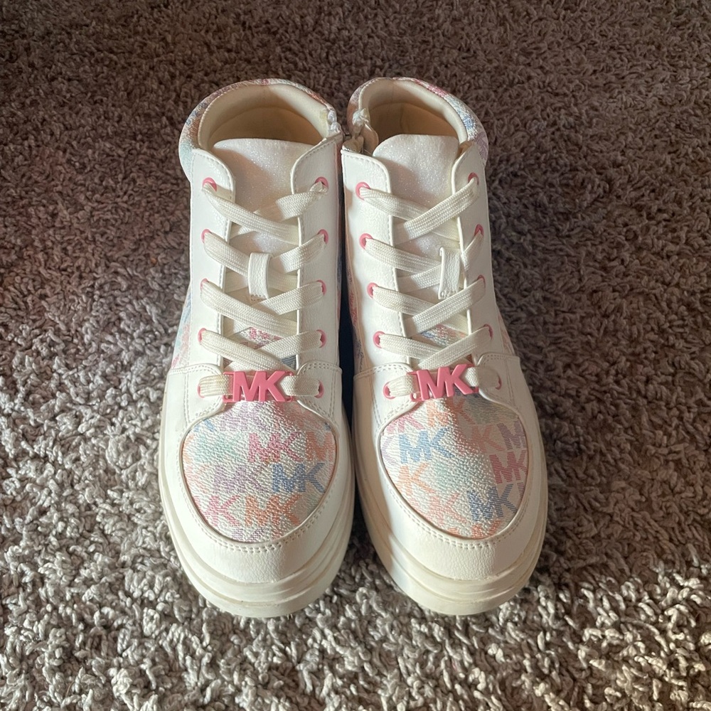 Michael Kors Kids White High-Top Sneakers with Pastel Pink Accents
